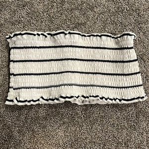 white and black strapless swim suit top